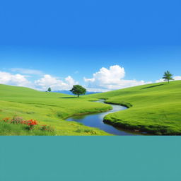 Generate an image of a serene landscape with a clear blue sky, lush green meadows, and a gentle river flowing through the scene