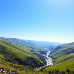 An image of a serene landscape with a clear blue sky, green rolling hills, and a sparkling river flowing through the valley