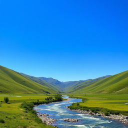 An image of a serene landscape with a clear blue sky, green rolling hills, and a sparkling river flowing through the valley