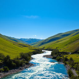 An image of a serene landscape with a clear blue sky, green rolling hills, and a sparkling river flowing through the valley