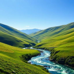 An image of a serene landscape with a clear blue sky, green rolling hills, and a sparkling river flowing through the valley