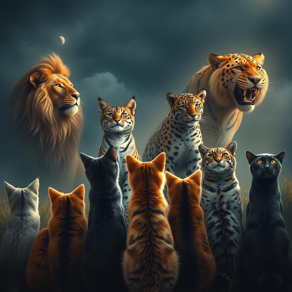 A group of domestic cats are anxiously waiting, looking towards the horizon