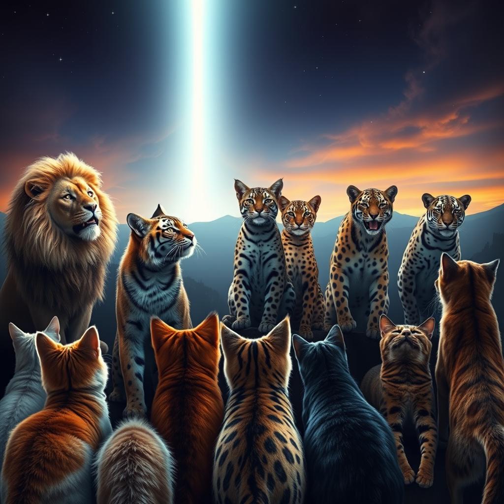 A group of domestic cats are anxiously waiting, looking towards the horizon