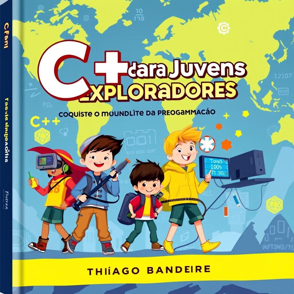 A vibrant and engaging book cover titled 'C++ para Jovens Exploradores: Conquiste o Mundo da Programação' by Thiago Bandeira