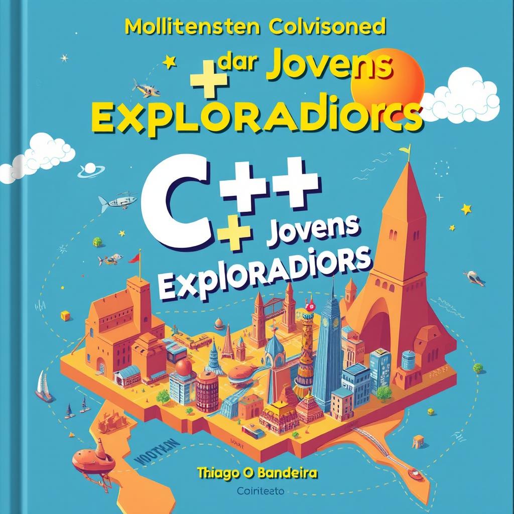 Uma capa de livro vibrante e envolvente intitulada 'C++ para Jovens Exploradores: Conquiste o Mundo da Programação' por Thiago Bandeira