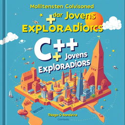 Uma capa de livro vibrante e envolvente intitulada 'C++ para Jovens Exploradores: Conquiste o Mundo da Programação' por Thiago Bandeira