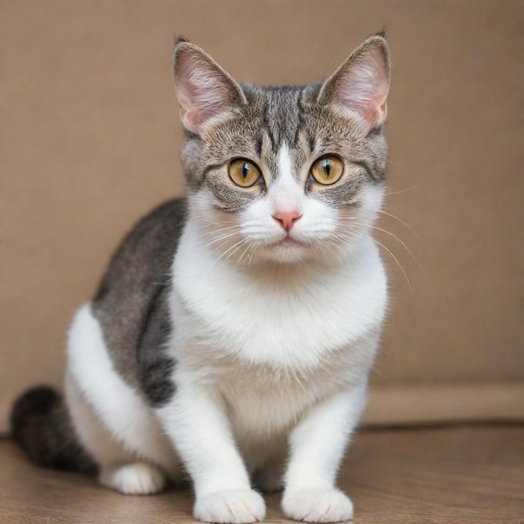 A cute domestic short-haired cat, sitting politely with bright eyes, twitching whiskers, and a curious tail curling around its paws.