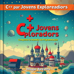 Uma capa de livro vibrante e envolvente intitulada 'C++ para Jovens Exploradores: Conquiste o Mundo da Programação' por Thiago Bandeira