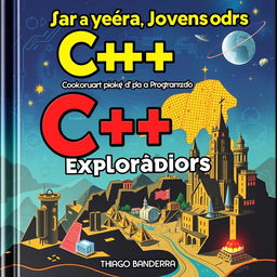 Uma capa de livro vibrante e envolvente intitulada 'C++ para Jovens Exploradores: Conquiste o Mundo da Programação' por Thiago Bandeira