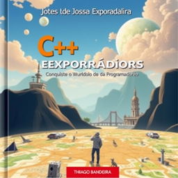 Uma capa de livro vibrante e envolvente intitulada 'C++ para Jovens Exploradores: Conquiste o Mundo da Programação' por Thiago Bandeira