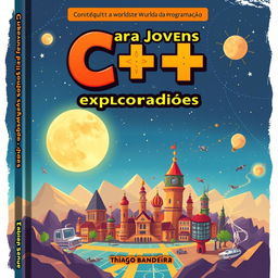 Uma capa de livro vibrante e envolvente intitulada 'C++ para Jovens Exploradores: Conquiste o Mundo da Programação' por Thiago Bandeira