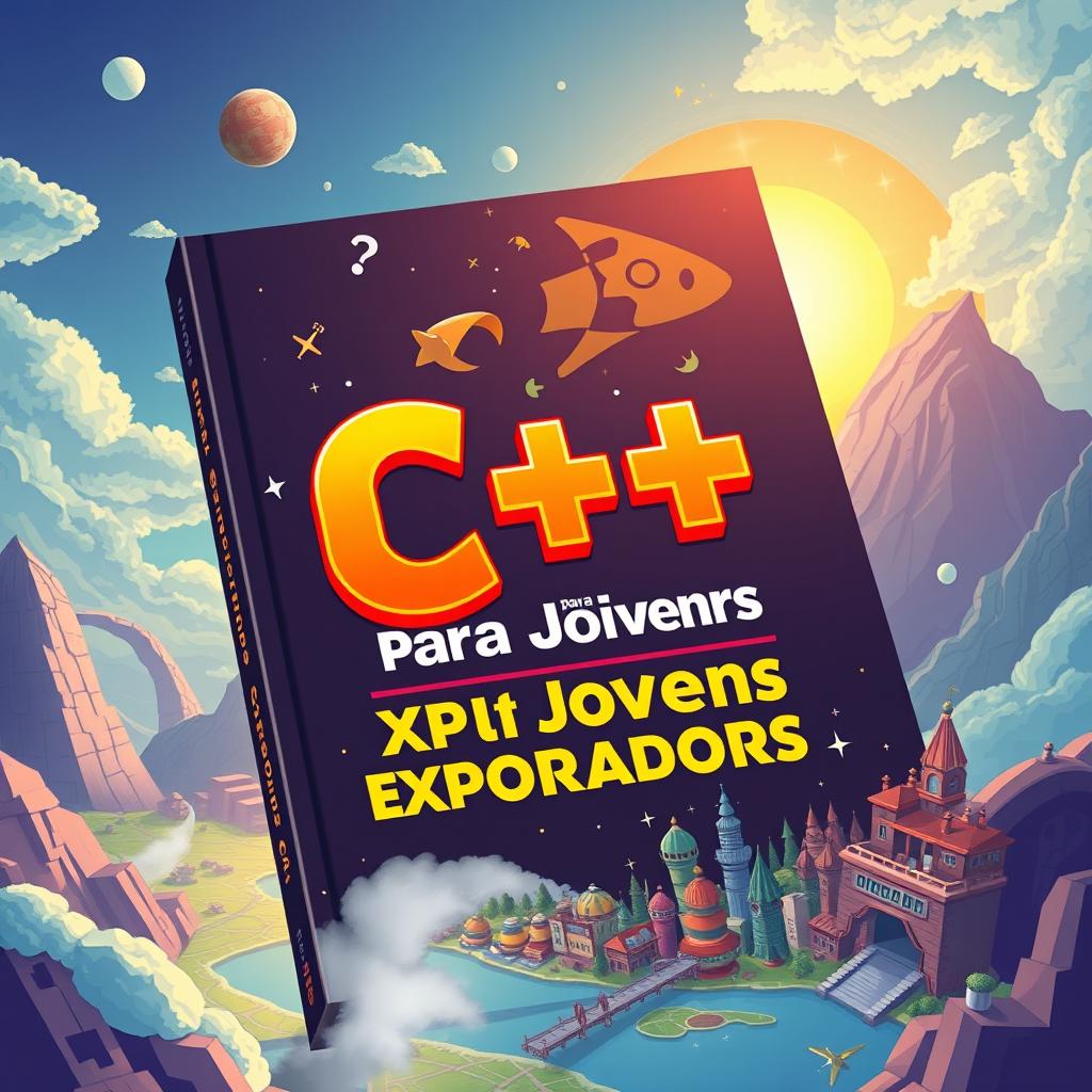 Uma capa de livro vibrante e envolvente intitulada 'C++ para Jovens Exploradores: Conquiste o Mundo da Programação' por Thiago Bandeira