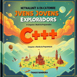 Uma capa de livro vibrante e envolvente intitulada 'C++ para Jovens Exploradores: Conquiste o Mundo da Programação' por Thiago Bandeira