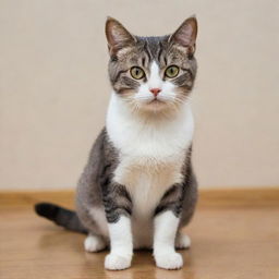 A cute domestic short-haired cat, sitting politely with bright eyes, twitching whiskers, and a curious tail curling around its paws.