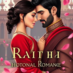 A historical romance book cover featuring a 17-year-old Pakistani girl in a red saree and a 25-year-old handsome prince with a slight beard