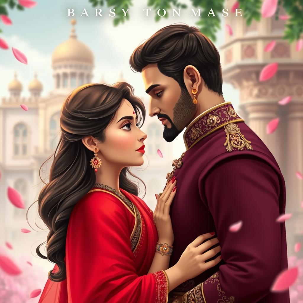 A historical romance book cover featuring a 17-year-old Pakistani girl in a red saree and a 25-year-old handsome prince with a slight beard