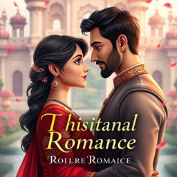 A historical romance book cover featuring a 17-year-old Pakistani girl in a red saree and a 25-year-old handsome prince with a slight beard