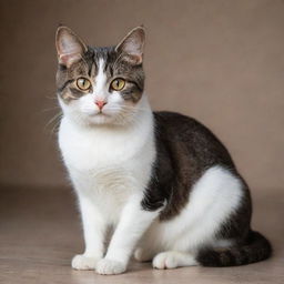 A cute domestic short-haired cat, sitting politely with bright eyes, twitching whiskers, and a curious tail curling around its paws.