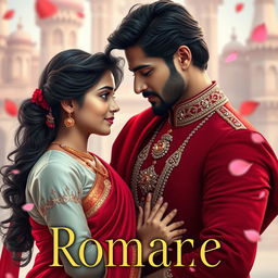 Create a historical romance book cover featuring a 17-year-old Pakistani girl in a red saree and a 25-year-old handsome prince with a slight beard standing close to each other with their noses touching