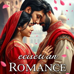 Create a historical romance book cover featuring a 17-year-old Pakistani girl in a red saree and a 25-year-old handsome prince with a slight beard standing close to each other with their noses touching