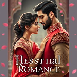 Create a historical romance book cover featuring a 17-year-old Pakistani girl in a red saree and a 25-year-old handsome prince with a slight beard standing close to each other with their noses touching