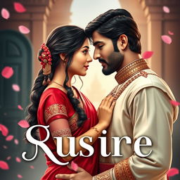 Create a historical romance book cover featuring a 17-year-old Pakistani girl in a red saree and a 25-year-old handsome prince with a slight beard standing close to each other with their noses touching