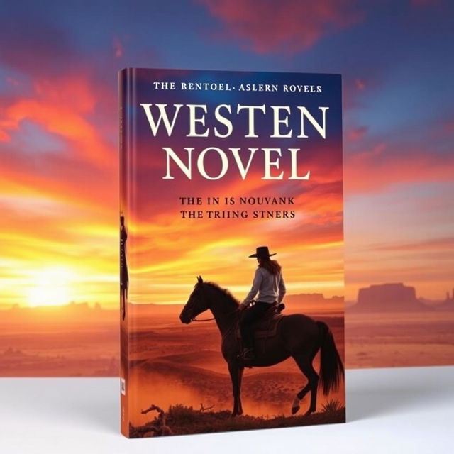 A captivating book cover for a Western novel, featuring a rugged cowboy on horseback with a vast, dusty desert landscape in the background