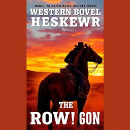 A captivating book cover for a Western novel, featuring a rugged cowboy on horseback with a vast, dusty desert landscape in the background