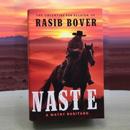 A captivating book cover for a Western novel, featuring a rugged cowboy on horseback with a vast, dusty desert landscape in the background