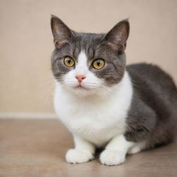 A cute domestic short-haired cat, sitting politely with bright eyes, twitching whiskers, and a curious tail curling around its paws.