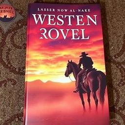 A captivating book cover for a Western novel, featuring a rugged cowboy on horseback with a vast, dusty desert landscape in the background