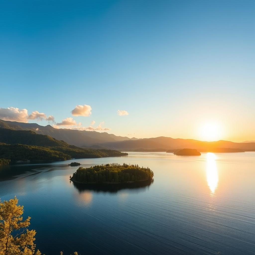 A beautiful, serene landscape featuring a calm lake surrounded by lush green trees and mountains in the background