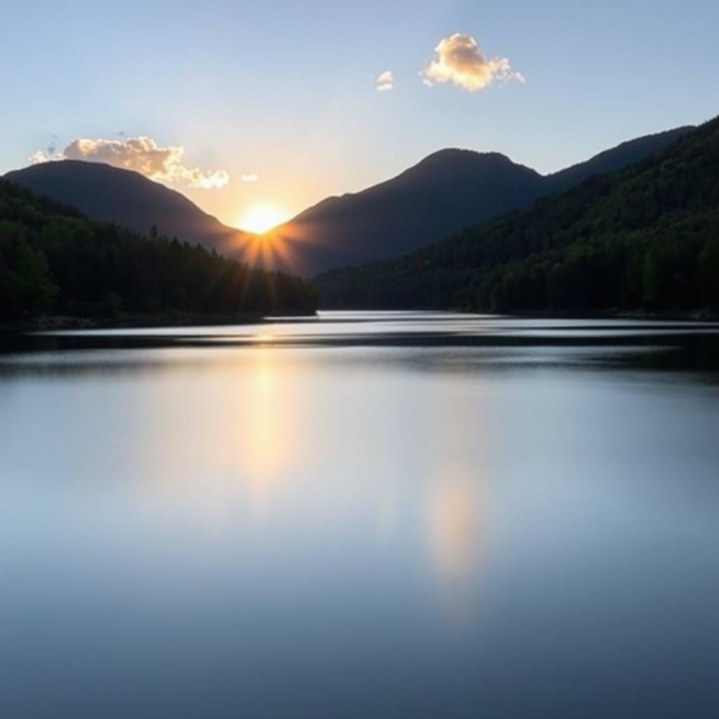 A beautiful, serene landscape featuring a calm lake surrounded by lush green trees and mountains in the background