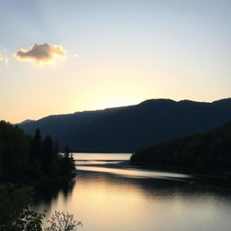 A beautiful, serene landscape featuring a calm lake surrounded by lush green trees and mountains in the background