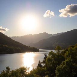 A beautiful, serene landscape featuring a calm lake surrounded by lush green trees and mountains in the background