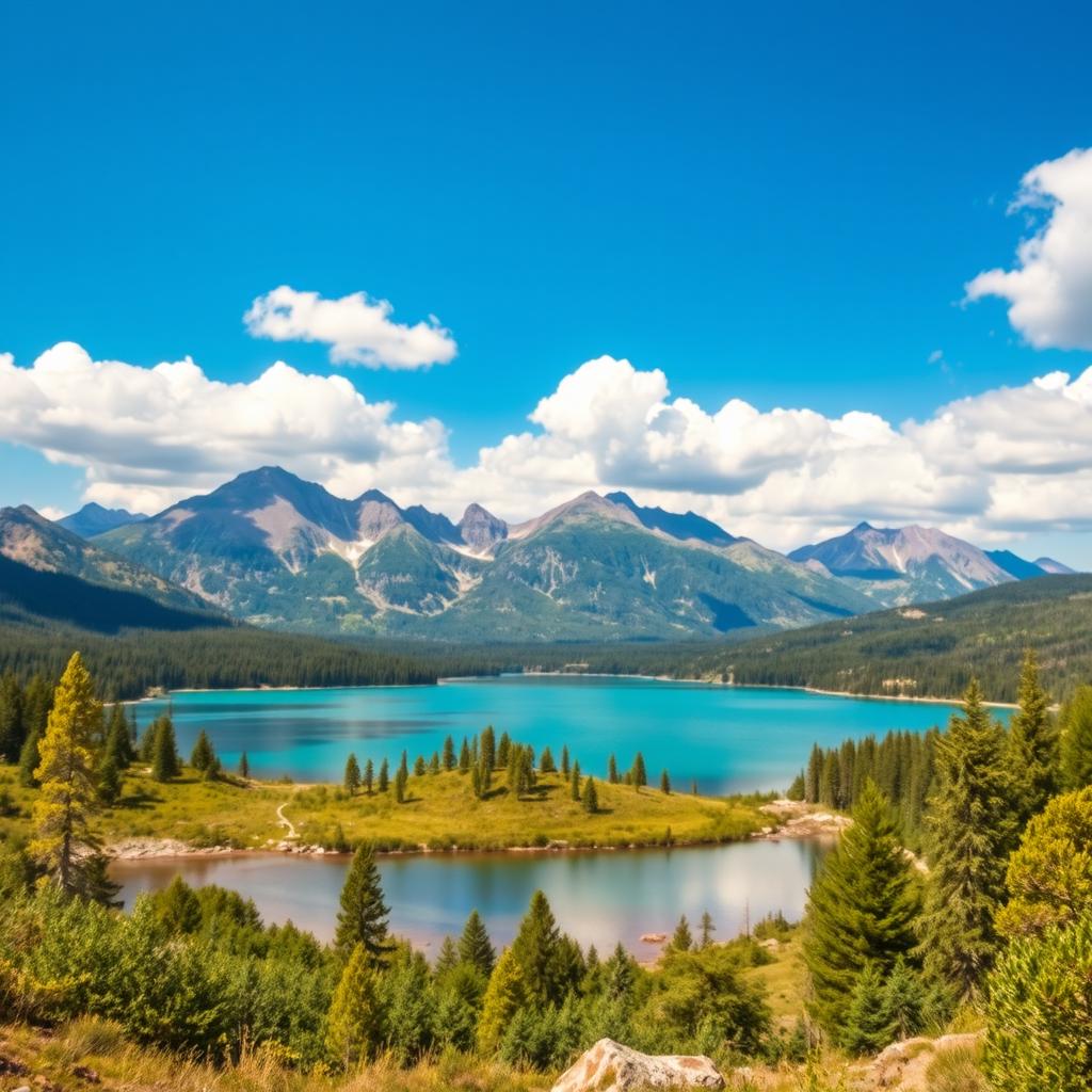 Create an image of a beautiful landscape featuring a serene lake surrounded by mountains, with a clear blue sky and fluffy white clouds