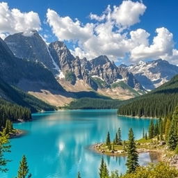 Create an image of a beautiful landscape featuring a serene lake surrounded by mountains, with a clear blue sky and fluffy white clouds