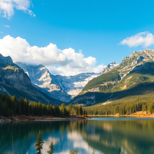 Create an image of a beautiful landscape featuring a serene lake surrounded by mountains, with a clear blue sky and fluffy white clouds