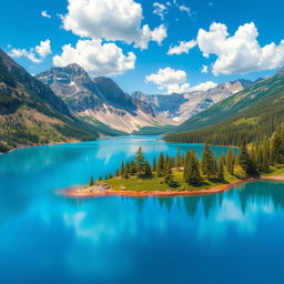 Create an image of a beautiful landscape featuring a serene lake surrounded by mountains, with a clear blue sky and fluffy white clouds