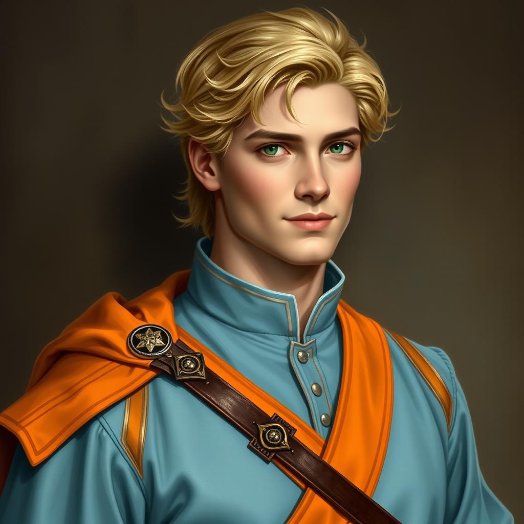 Create a realistic medieval-style portrait of Raymond Saint, a 22-year-old loyal advisor to the Prince of Java