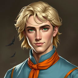 Create a realistic medieval-style portrait of Raymond Saint, a 22-year-old loyal advisor to the Prince of Java