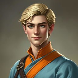 Create a realistic medieval-style portrait of Raymond Saint, a 22-year-old loyal advisor to the Prince of Java