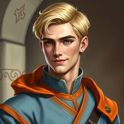 Create a realistic medieval-style portrait of Raymond Saint, a 22-year-old loyal advisor to the Prince of Java