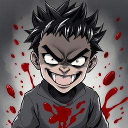 A small, all-black manga boy with white eyes and sharp teeth grinning menacingly after finishing a massacre