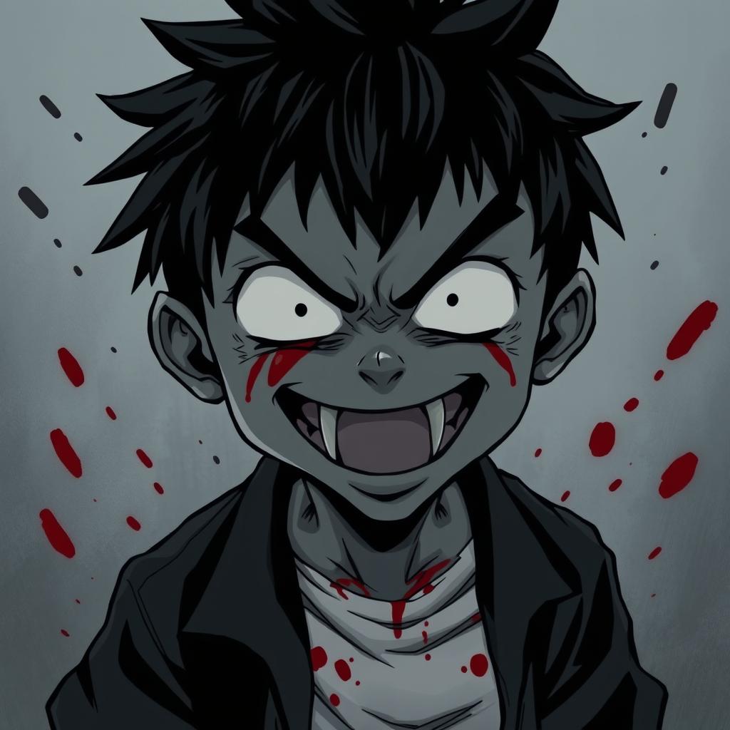 A small, all-black manga boy with white eyes and sharp teeth grinning menacingly after finishing a massacre