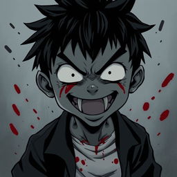 A small, all-black manga boy with white eyes and sharp teeth grinning menacingly after finishing a massacre