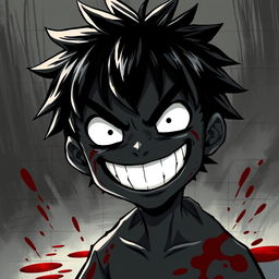 A small, all-black manga boy with white eyes and sharp teeth grinning menacingly after finishing a massacre