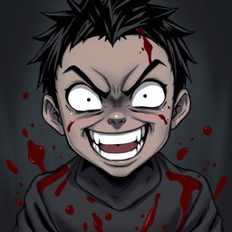 A small, all-black manga boy with white eyes and sharp teeth grinning menacingly after finishing a massacre