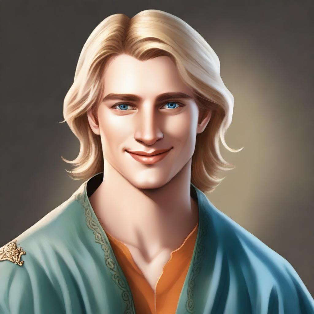 Create a medieval-style portrait of Raymond Saint, a 22-year-old loyal advisor to the Prince of Java