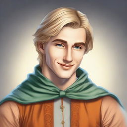 Create a medieval-style portrait of Raymond Saint, a 22-year-old loyal advisor to the Prince of Java